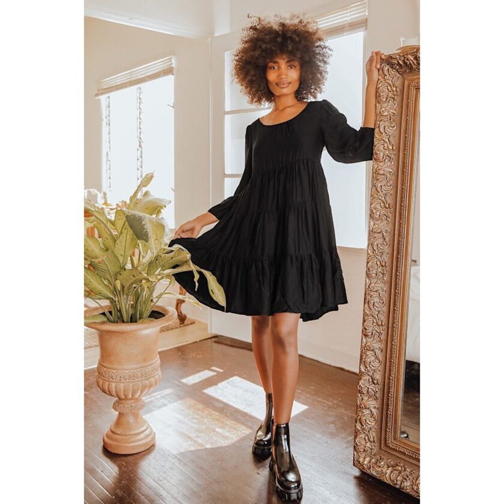Lulus So Blissful Black Tiered Three-quarter Sleeve Babydoll Dress - Size M